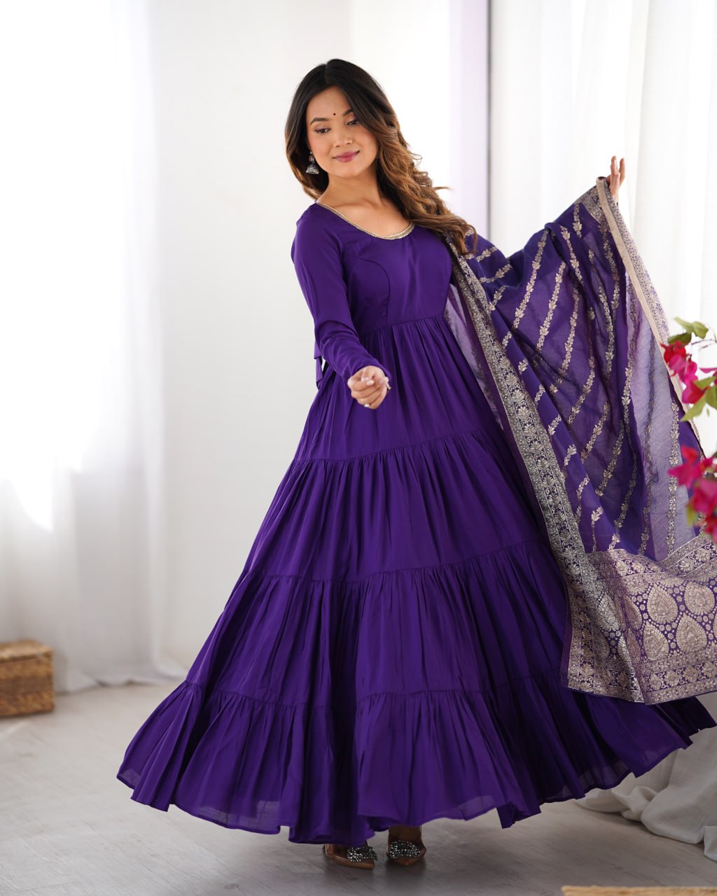 PURPLE Elegant Festive Wear Anarkali Suit – Pure Dupatta & Pant Set