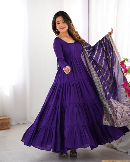 PURPLE Elegant Festive Wear Anarkali Suit – Pure Dupatta & Pant Set