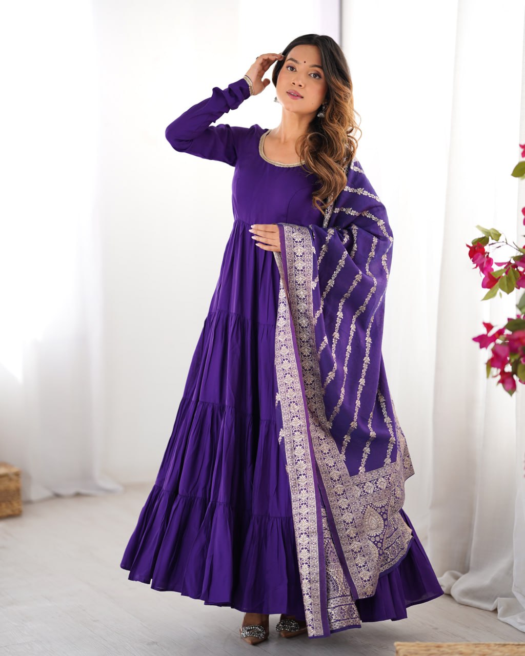 PURPLE Elegant Festive Wear Anarkali Suit – Pure Dupatta & Pant Set