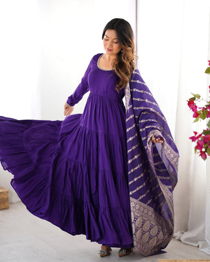 PURPLE Elegant Festive Wear Anarkali Suit – Pure Dupatta & Pant Set