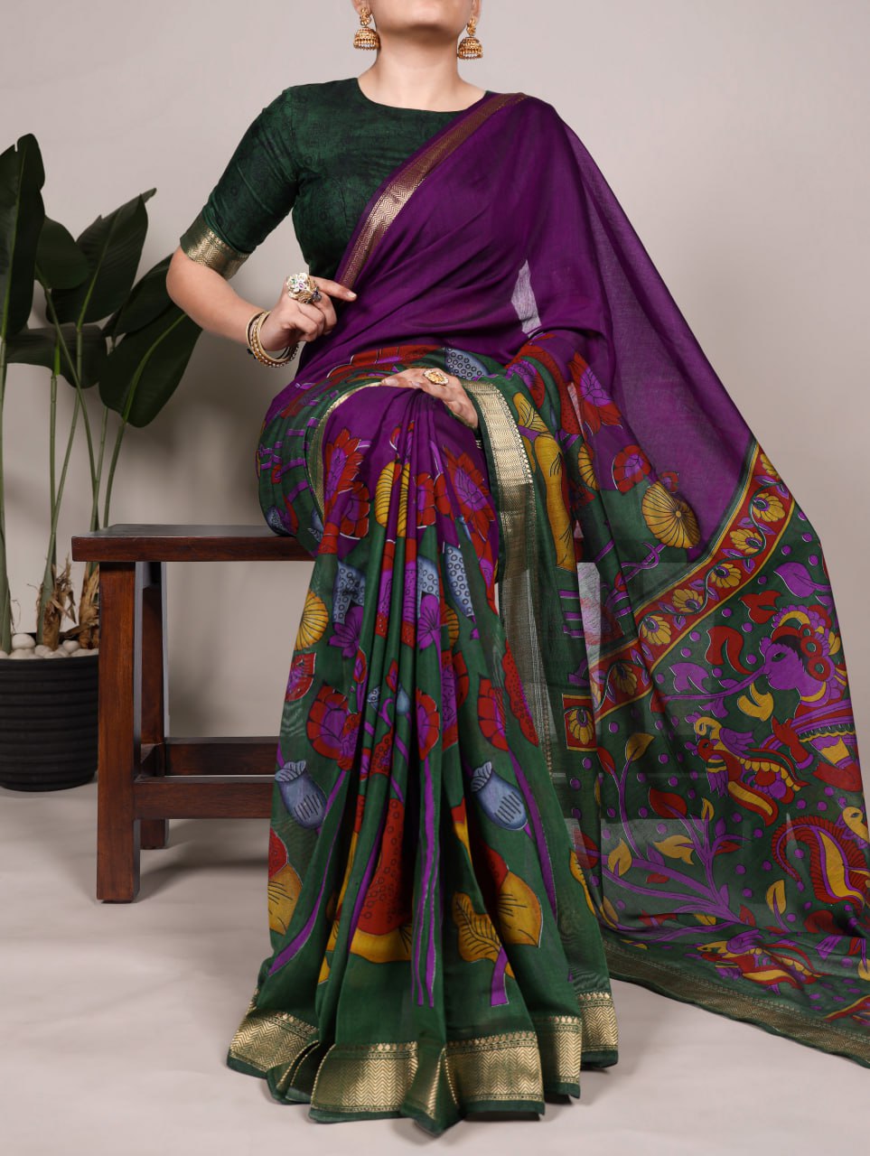 Purple Polyester Viscose Chanderi Floral Printed Saree With Green Blouse