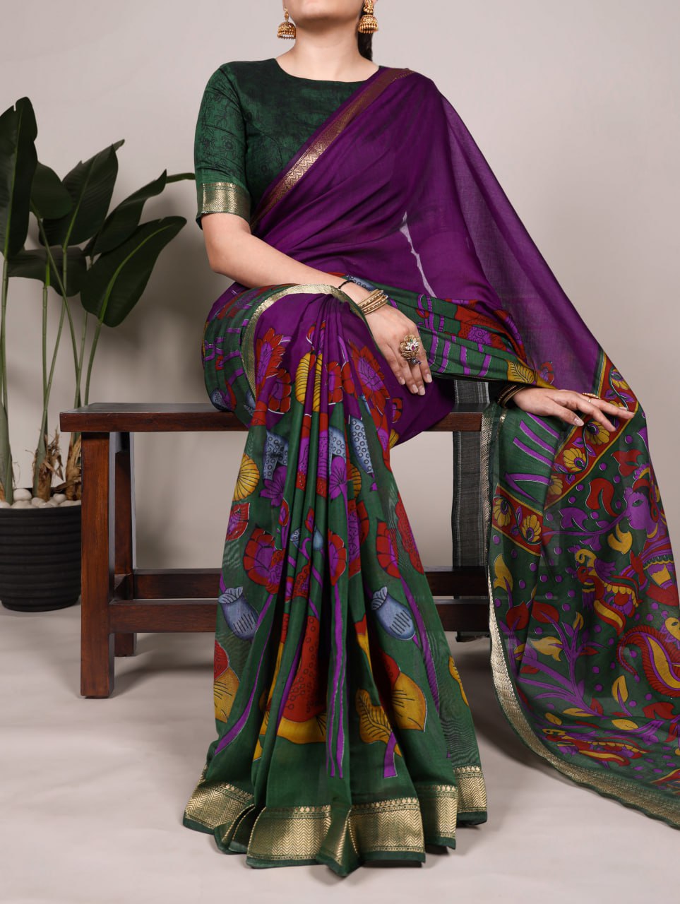 Purple Polyester Viscose Chanderi Floral Printed Saree With Green Blouse
