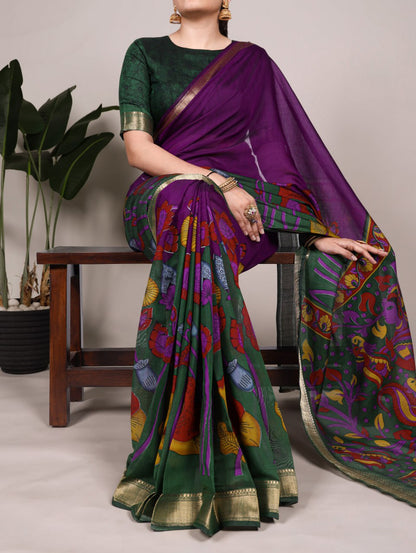 Purple Polyester Viscose Chanderi Floral Printed Saree With Green Blouse