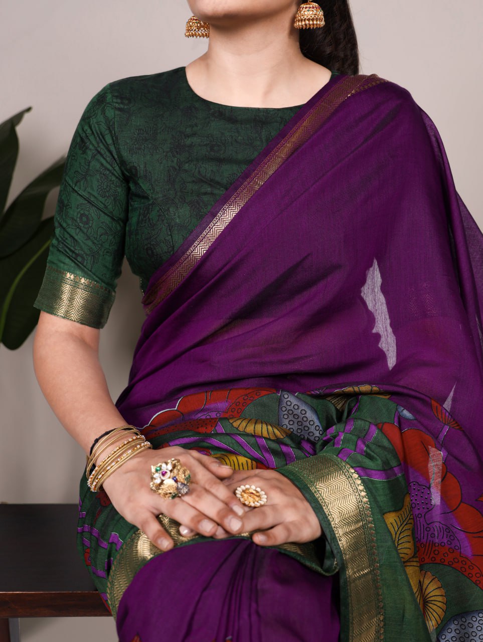 Purple Polyester Viscose Chanderi Floral Printed Saree With Green Blouse