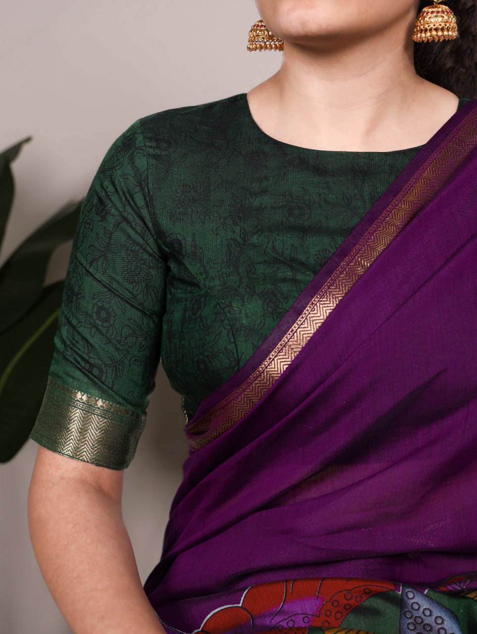 Purple Polyester Viscose Chanderi Floral Printed Saree With Green Blouse