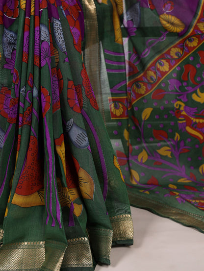 Purple Polyester Viscose Chanderi Floral Printed Saree With Green Blouse