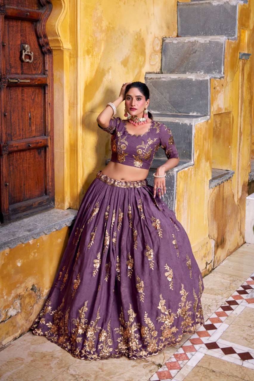 Purple Premium Festive Wear Thread Embroidery Lehenga Set with Dupatta