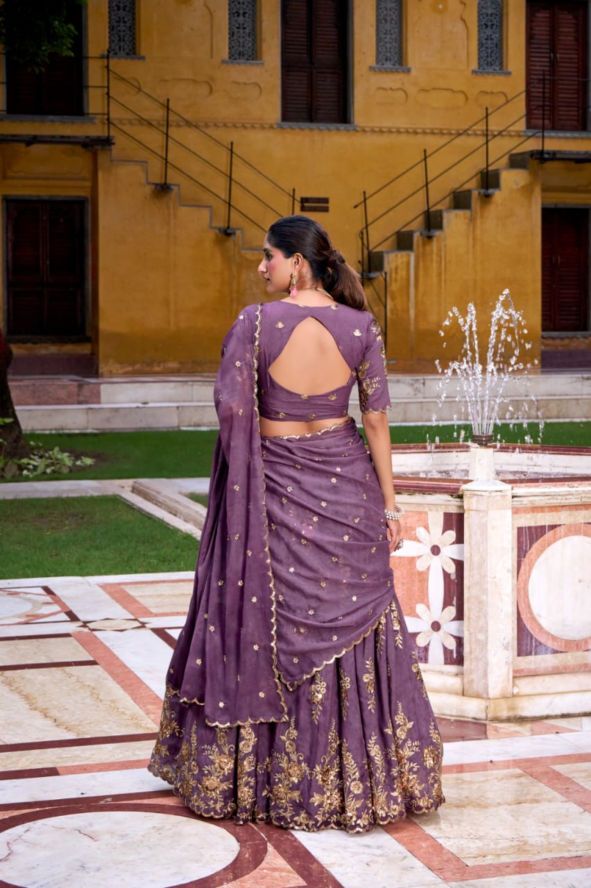 Purple Premium Festive Wear Thread Embroidery Lehenga Set with Dupatta