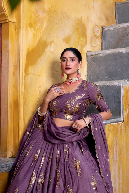 Purple Premium Festive Wear Thread Embroidery Lehenga Set with Dupatta