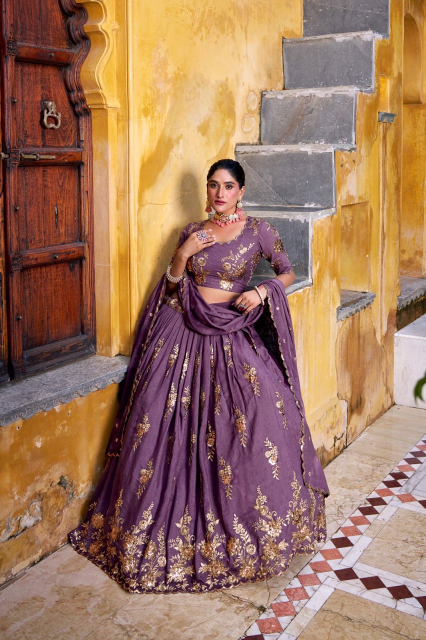 Purple Premium Festive Wear Thread Embroidery Lehenga Set with Dupatta