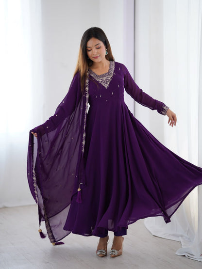 PURPLE Premium Georgette Embroidered Anarkali Suit Beads–Zari Dupatta
