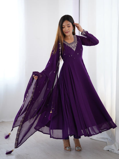 PURPLE Premium Georgette Embroidered Anarkali Suit Beads–Zari Dupatta