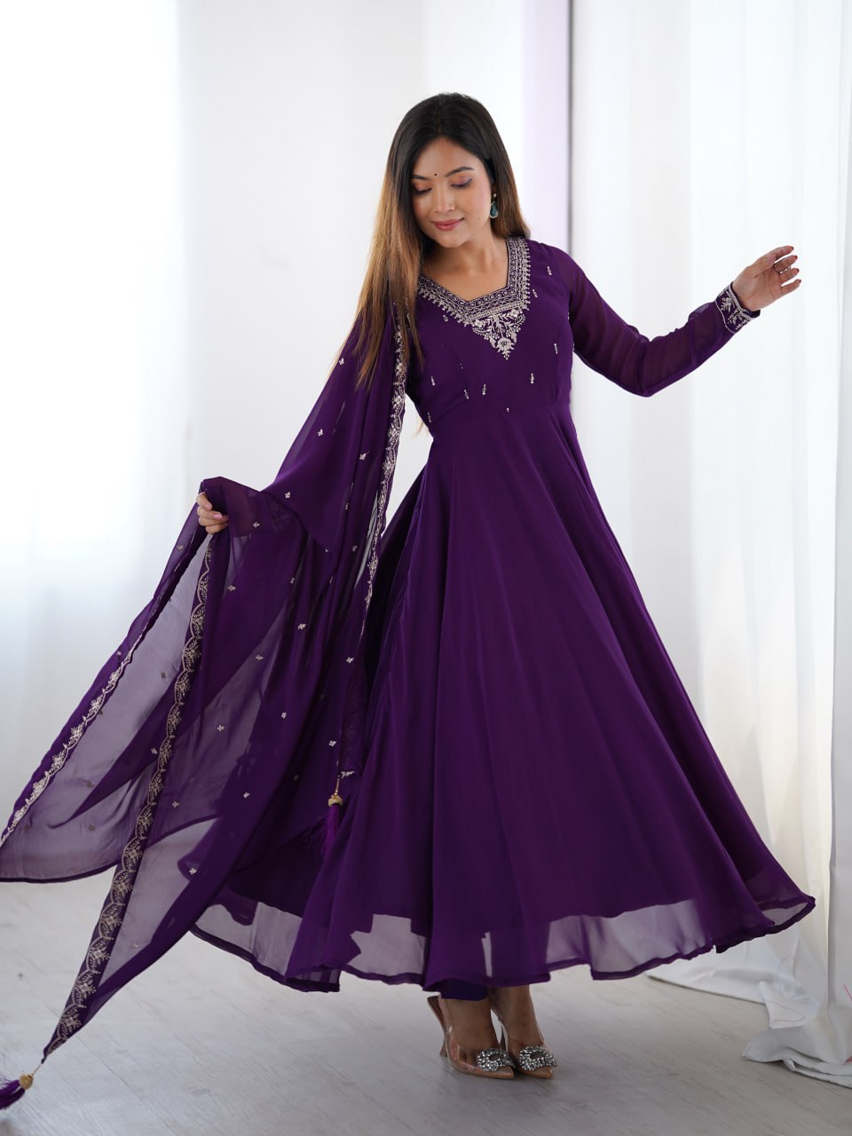 PURPLE Premium Georgette Embroidered Anarkali Suit Beads–Zari Dupatta