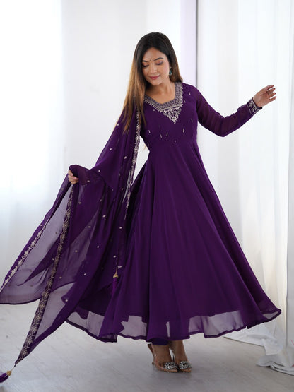 PURPLE Premium Georgette Embroidered Anarkali Suit Beads–Zari Dupatta