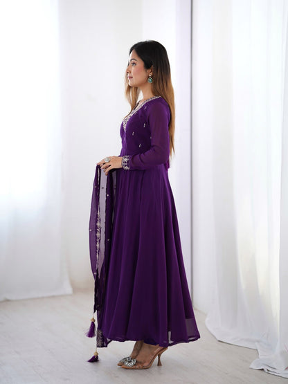 PURPLE Premium Georgette Embroidered Anarkali Suit Beads–Zari Dupatta