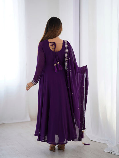 PURPLE Premium Georgette Embroidered Anarkali Suit Beads–Zari Dupatta