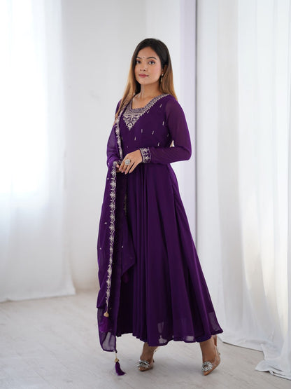 PURPLE Premium Georgette Embroidered Anarkali Suit Beads–Zari Dupatta