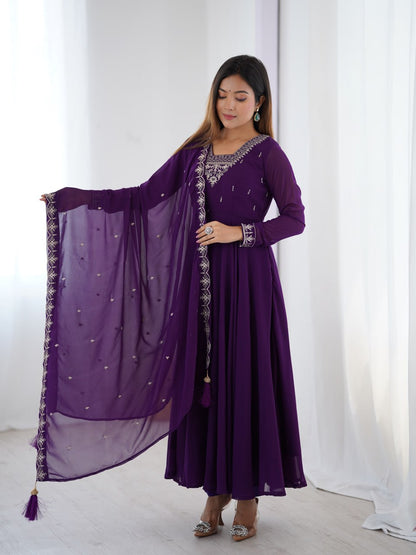 PURPLE Premium Georgette Embroidered Anarkali Suit Beads–Zari Dupatta