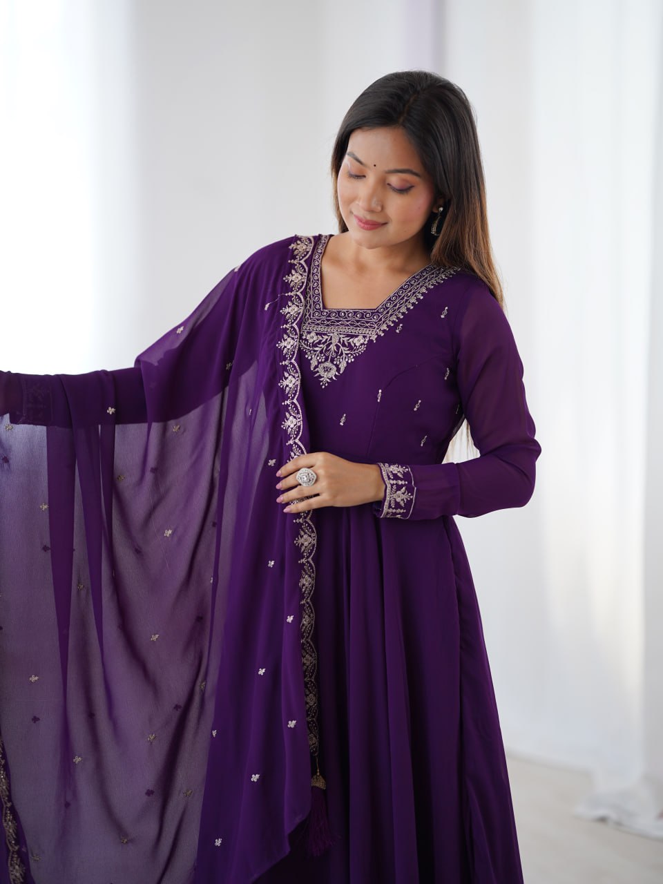 PURPLE Premium Georgette Embroidered Anarkali Suit Beads–Zari Dupatta