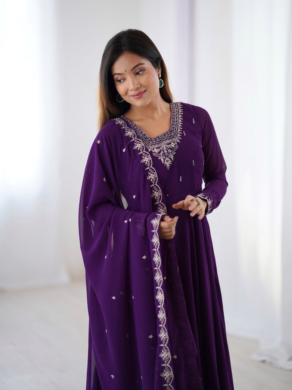 PURPLE Premium Georgette Embroidered Anarkali Suit Beads–Zari Dupatta