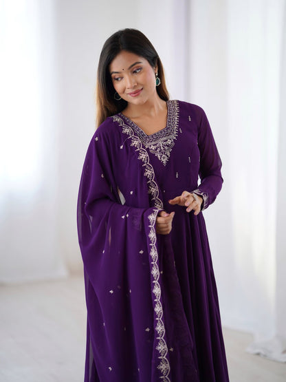 PURPLE Premium Georgette Embroidered Anarkali Suit Beads–Zari Dupatta