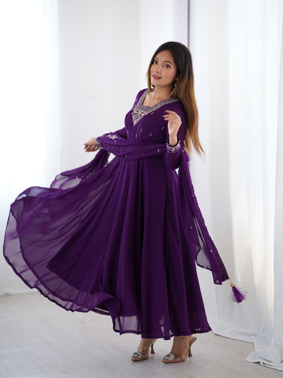 PURPLE Premium Georgette Embroidered Anarkali Suit Beads–Zari Dupatta