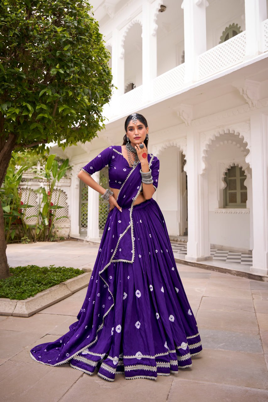 Purple Pure Chanderi Bandhej Print Lace work Lehenga Choli Set