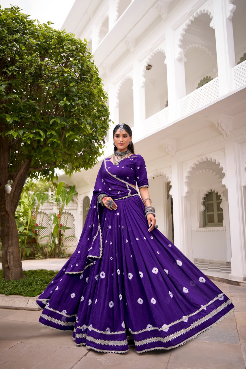 Purple Pure Chanderi Bandhej Print Lace work Lehenga Choli Set