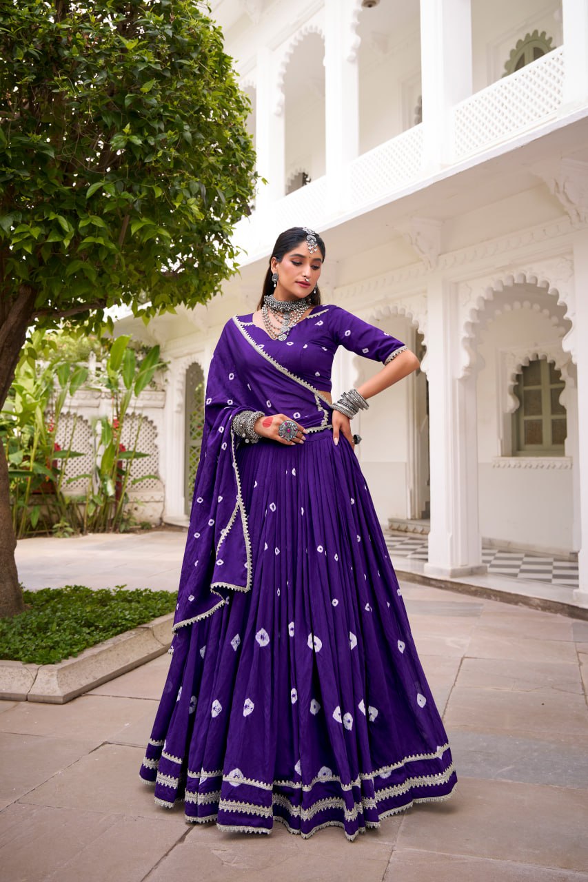 Purple Pure Chanderi Bandhej Print Lace work Lehenga Choli Set