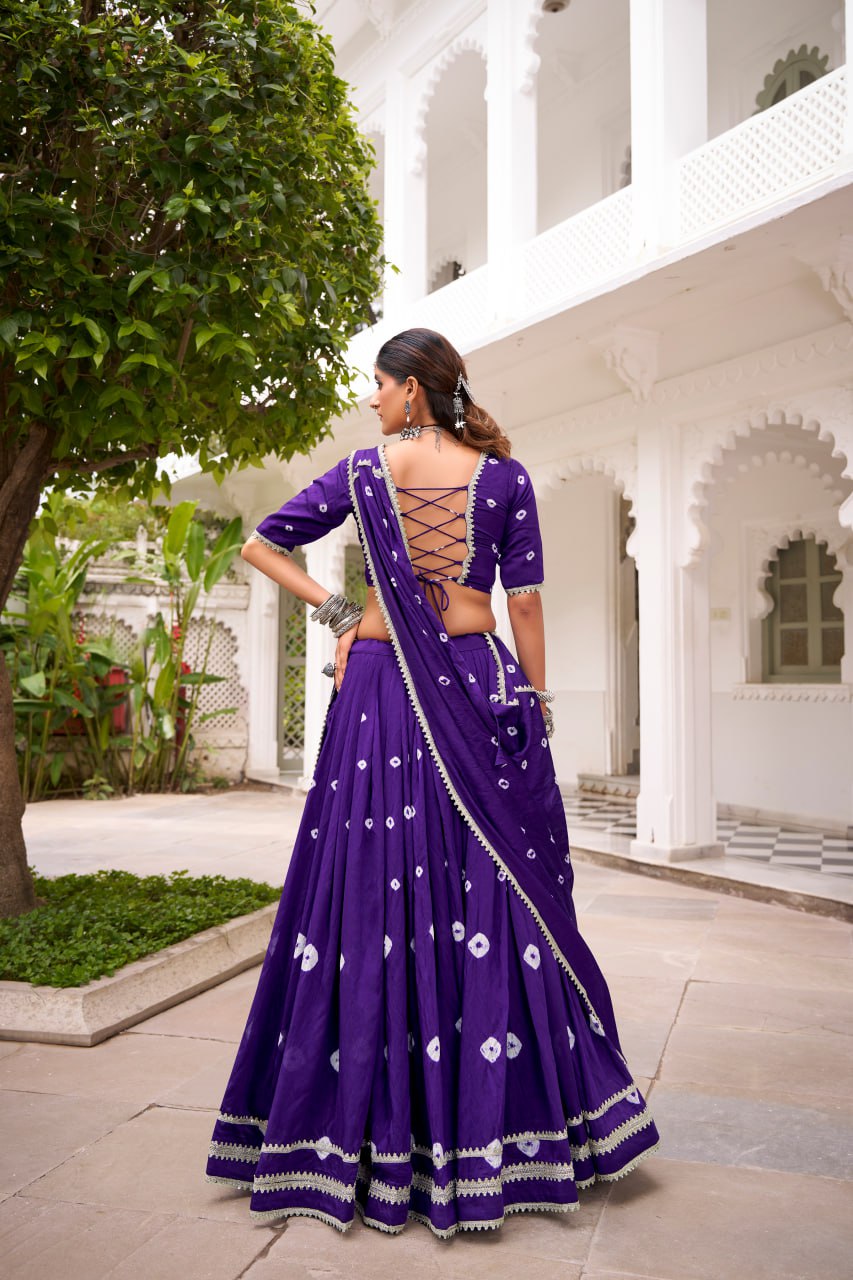 Purple Pure Chanderi Bandhej Print Lace work Lehenga Choli Set
