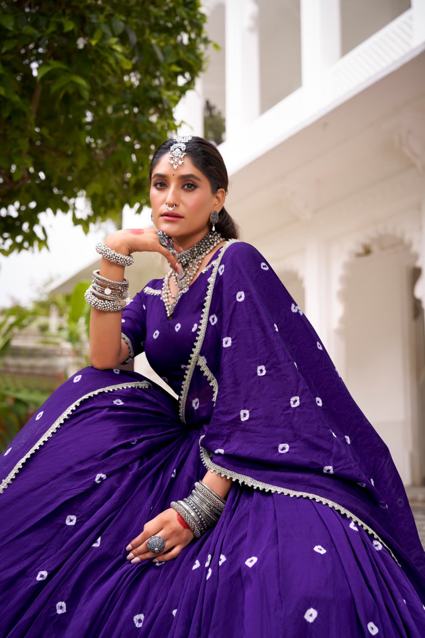 Purple Pure Chanderi Bandhej Print Lace work Lehenga Choli Set
