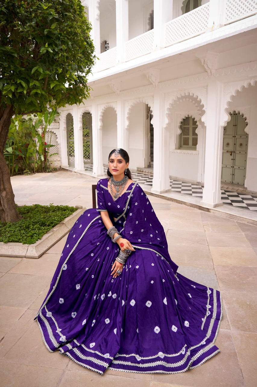 Purple Pure Chanderi Bandhej Print Lace work Lehenga Choli Set