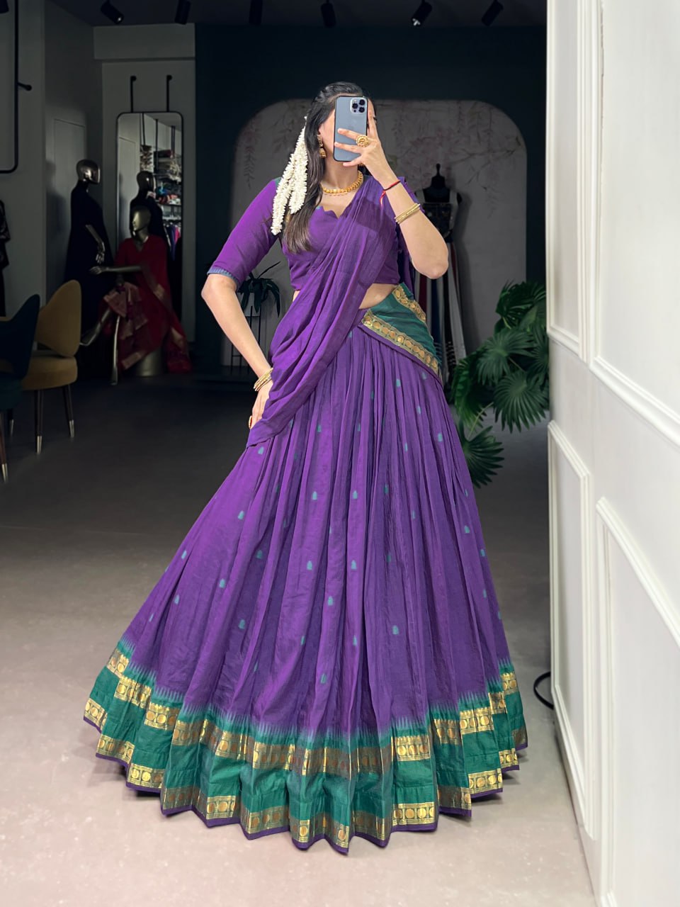 Purple Pure Chanderi Zari Weaving Saree Lehenga Choli Set with Dupatta
