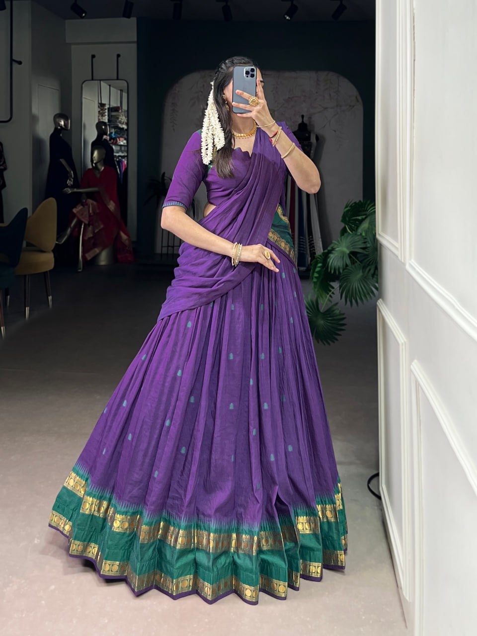 Purple Pure Chanderi Zari Weaving Saree Lehenga Choli Set with Dupatta