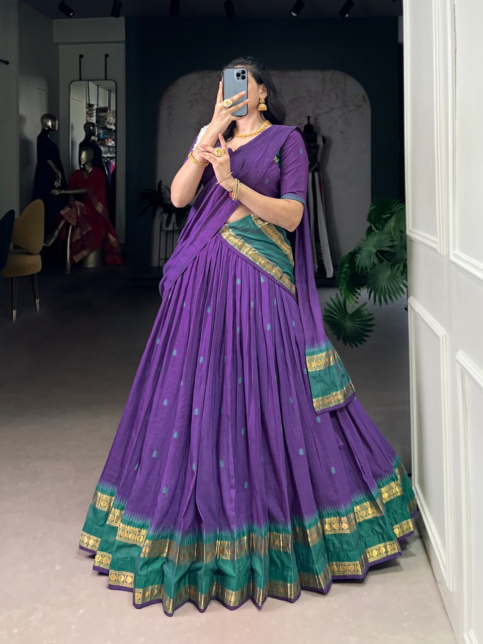 Purple Pure Chanderi Zari Weaving Saree Lehenga Choli Set with Dupatta