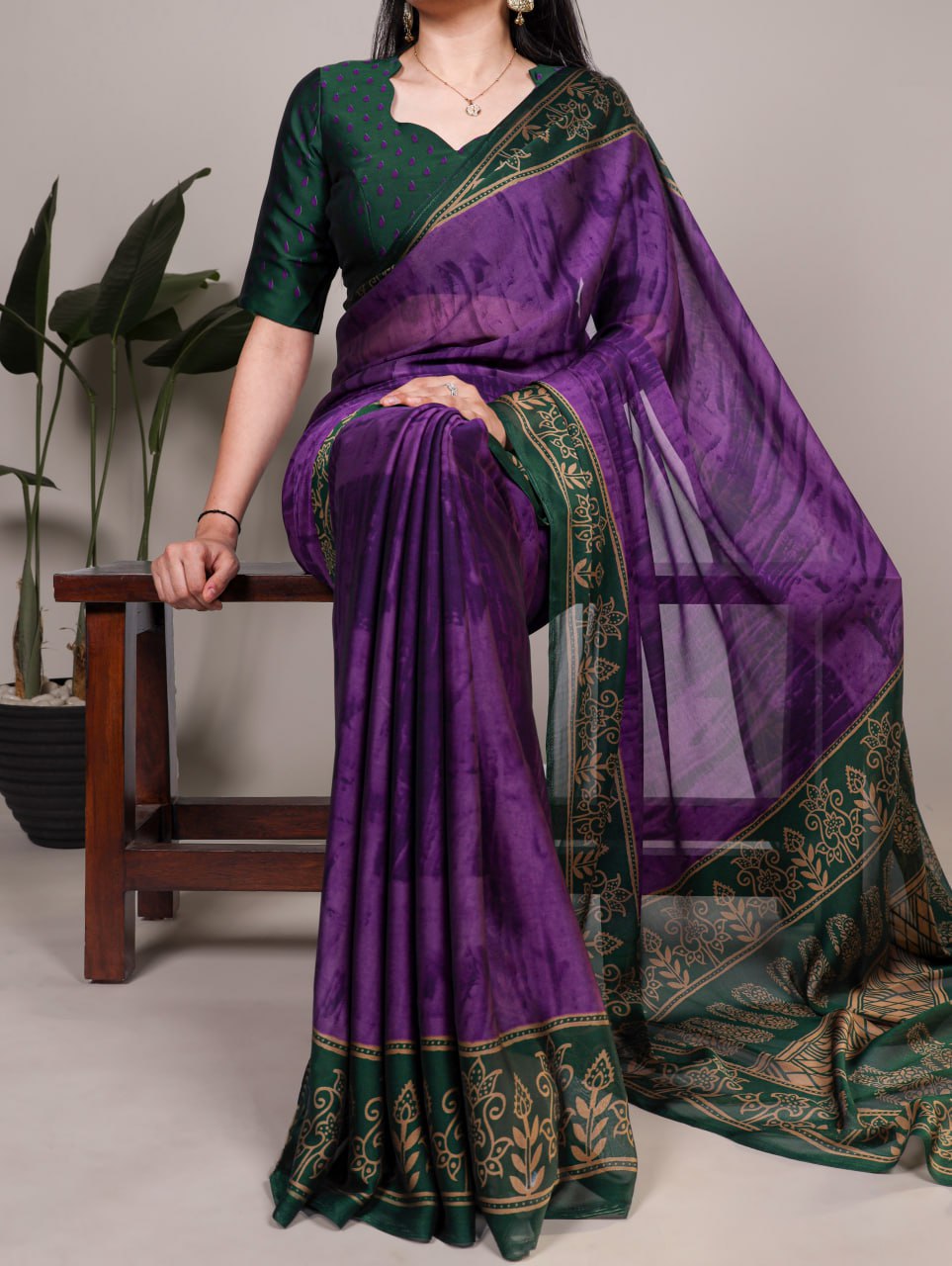 Purple Rangoli Silk Printed Saree with Dark Green Border Printed Blouse