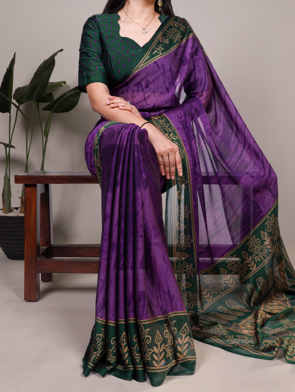 Purple Rangoli Silk Printed Saree with Dark Green Border Printed Blouse