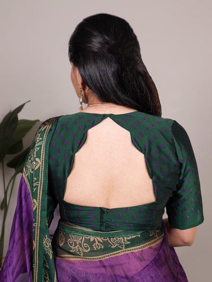 Purple Rangoli Silk Printed Saree with Dark Green Border Printed Blouse