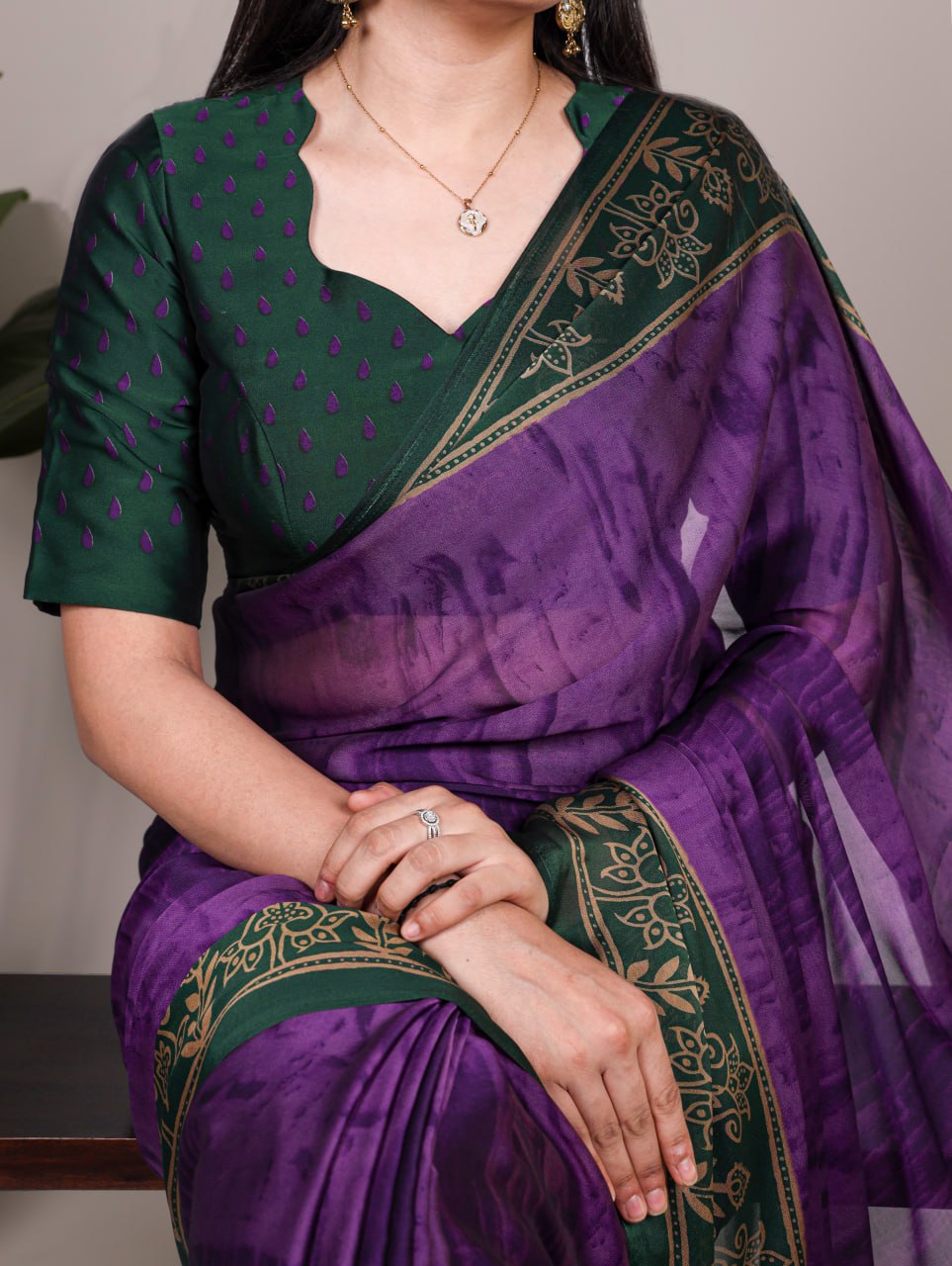 Purple Rangoli Silk Printed Saree with Dark Green Border Printed Blouse
