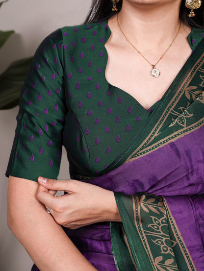 Purple Rangoli Silk Printed Saree with Dark Green Border Printed Blouse