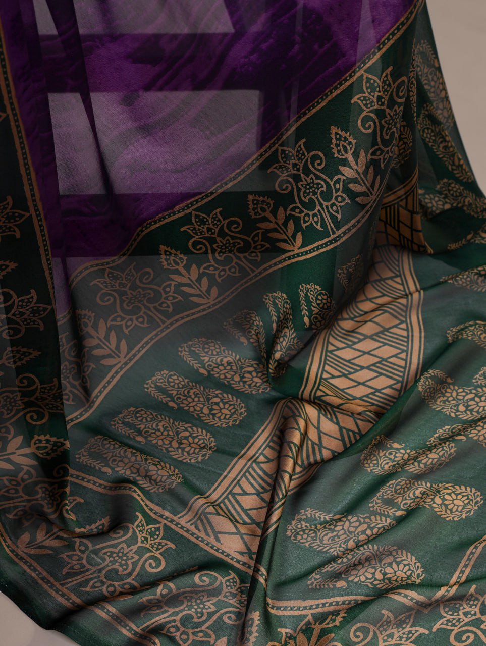 Purple Rangoli Silk Printed Saree with Dark Green Border Printed Blouse