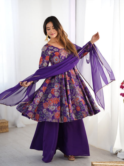 PURPLE Soft Romansilk Chanderi Kediya Style & Fancy Organza Dupatta