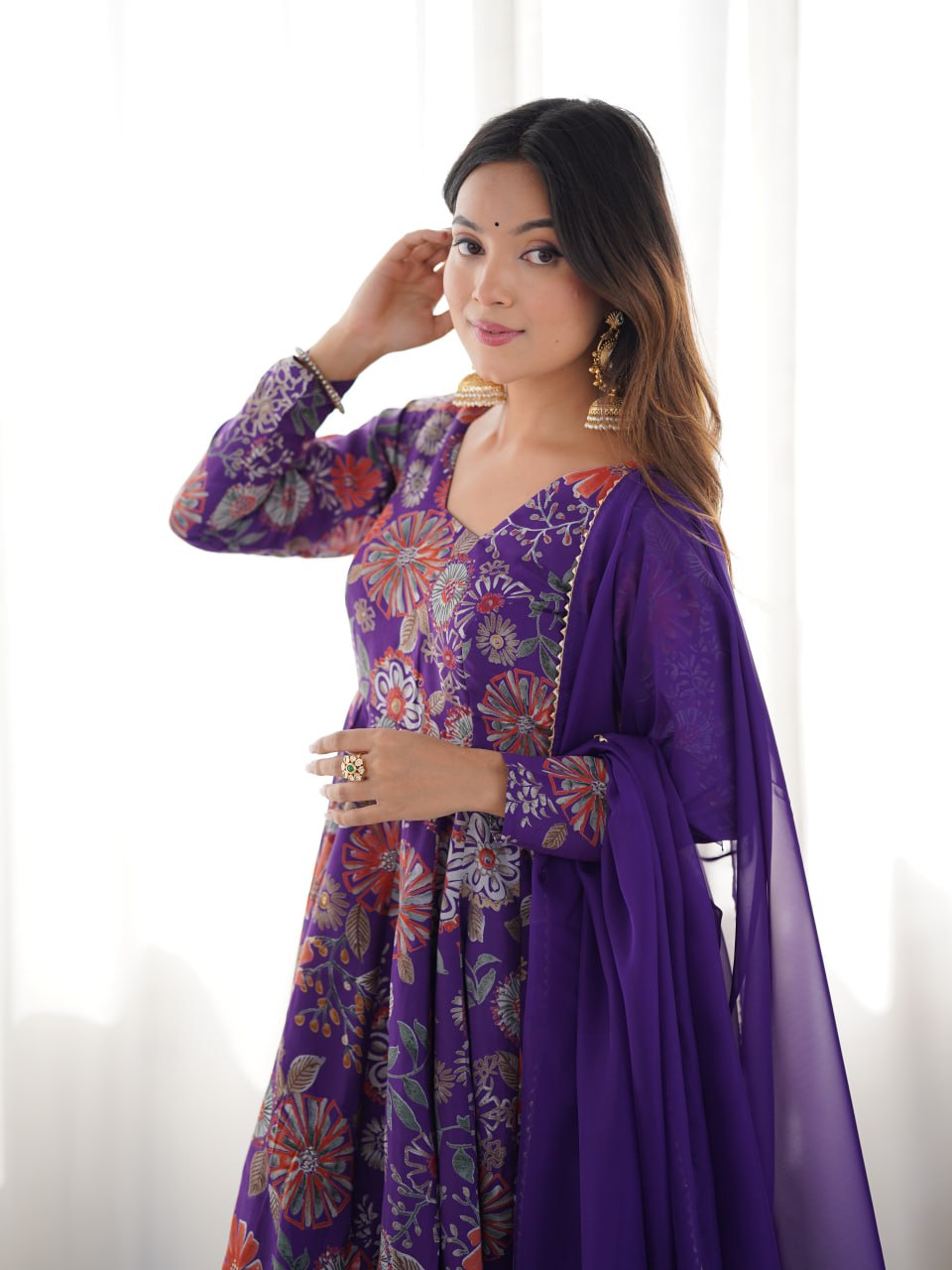 PURPLE Soft Romansilk Chanderi Kediya Style & Fancy Organza Dupatta