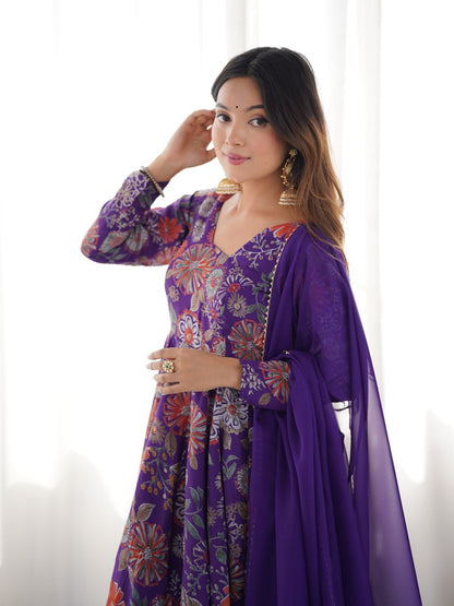 PURPLE Soft Romansilk Chanderi Kediya Style & Fancy Organza Dupatta