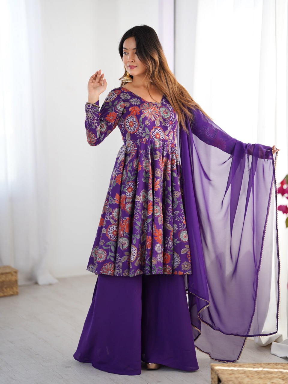 PURPLE Soft Romansilk Chanderi Kediya Style & Fancy Organza Dupatta