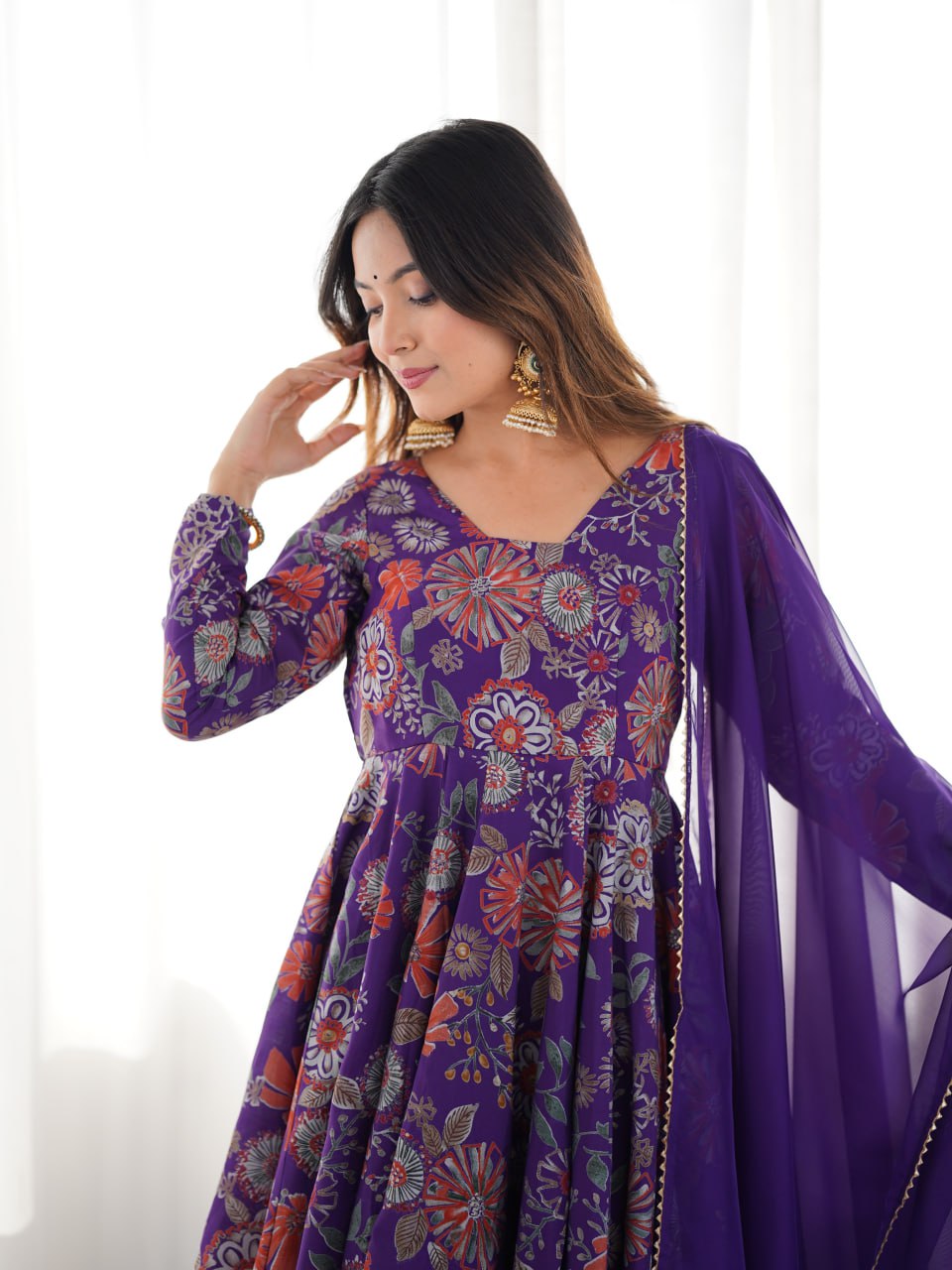 PURPLE Soft Romansilk Chanderi Kediya Style & Fancy Organza Dupatta