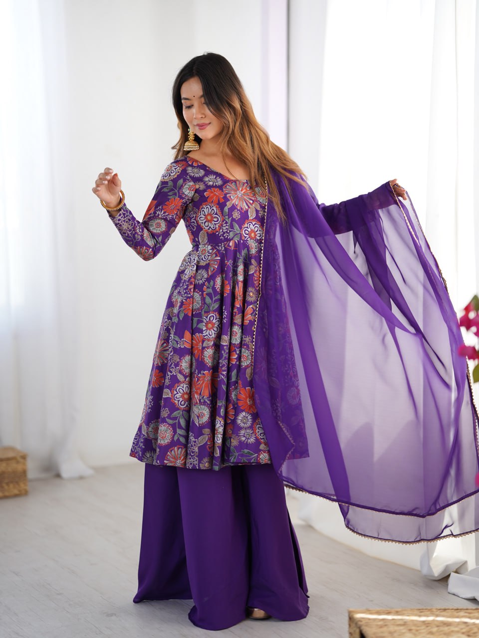 PURPLE Soft Romansilk Chanderi Kediya Style & Fancy Organza Dupatta