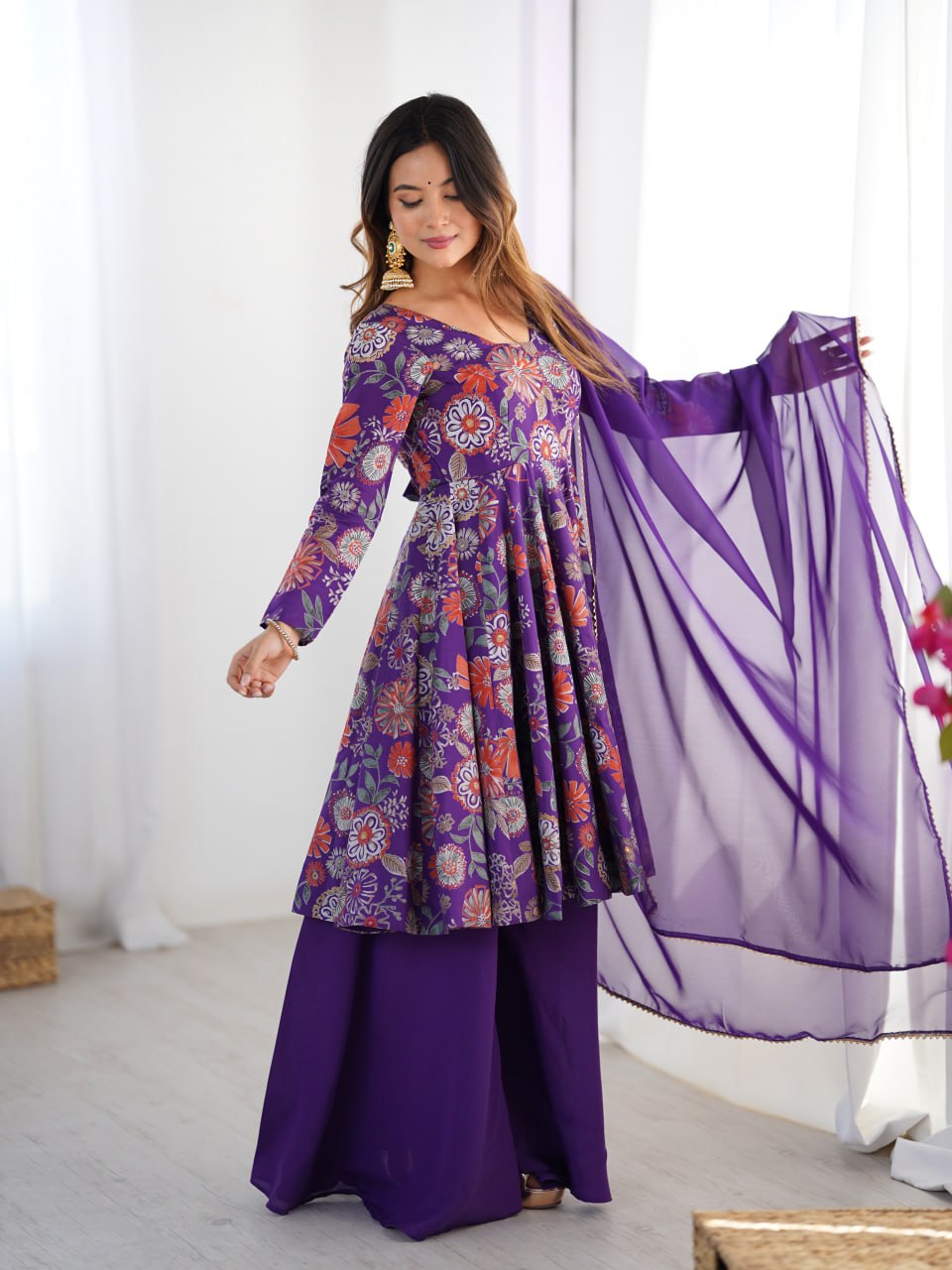 PURPLE Soft Romansilk Chanderi Kediya Style & Fancy Organza Dupatta
