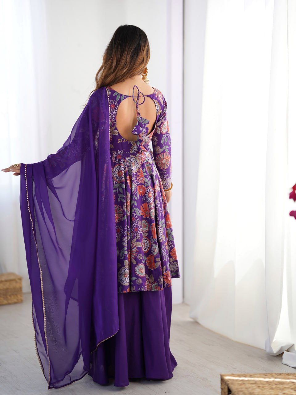 PURPLE Soft Romansilk Chanderi Kediya Style & Fancy Organza Dupatta