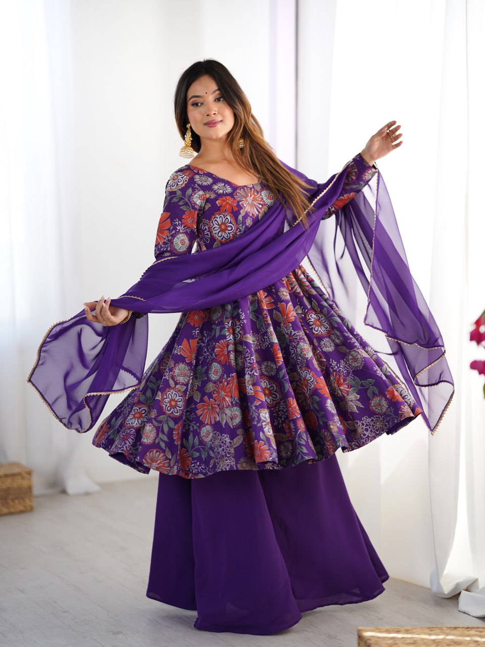 PURPLE Soft Romansilk Chanderi Kediya Style & Fancy Organza Dupatta